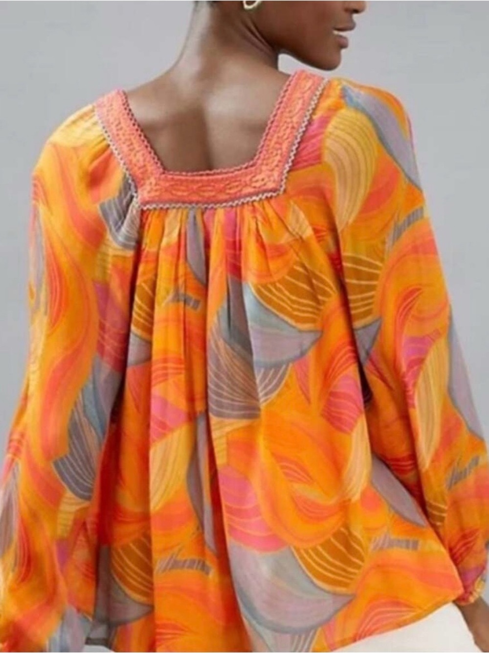 Women's Orange Multi-Color Square-Neck Blouse